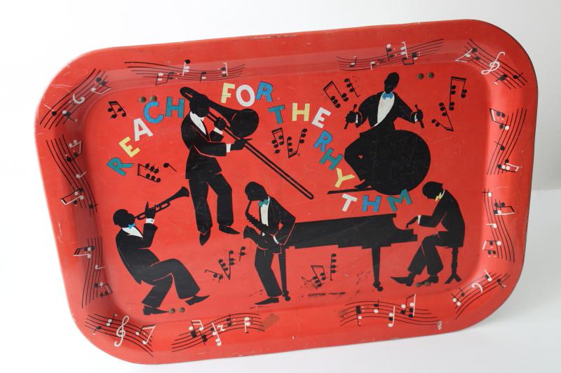 photo of mid-century vintage metal tray TV table top, deco print jazz band black silhouettes #1