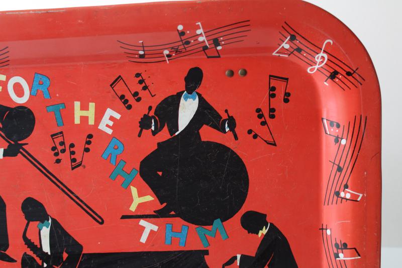 photo of mid-century vintage metal tray TV table top, deco print jazz band black silhouettes #4