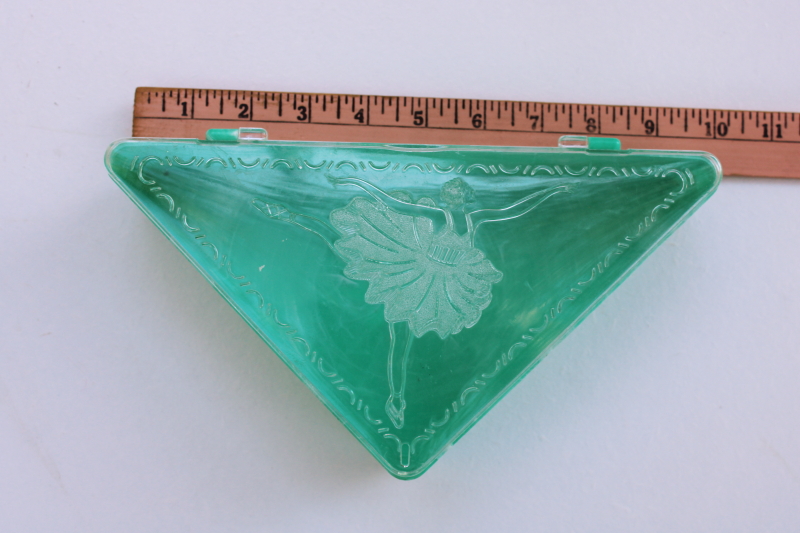 photo of mid-century vintage mint green plastic hanky box, Honner triangular handkerchief box #1