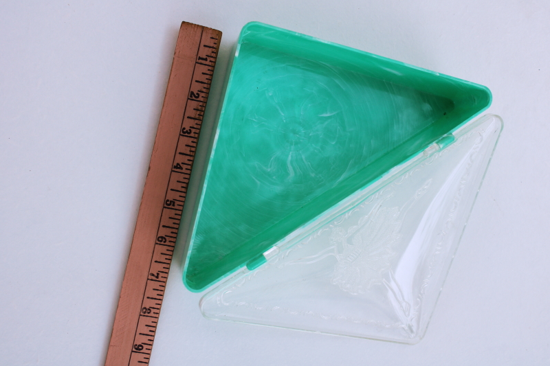 photo of mid-century vintage mint green plastic hanky box, Honner triangular handkerchief box #2