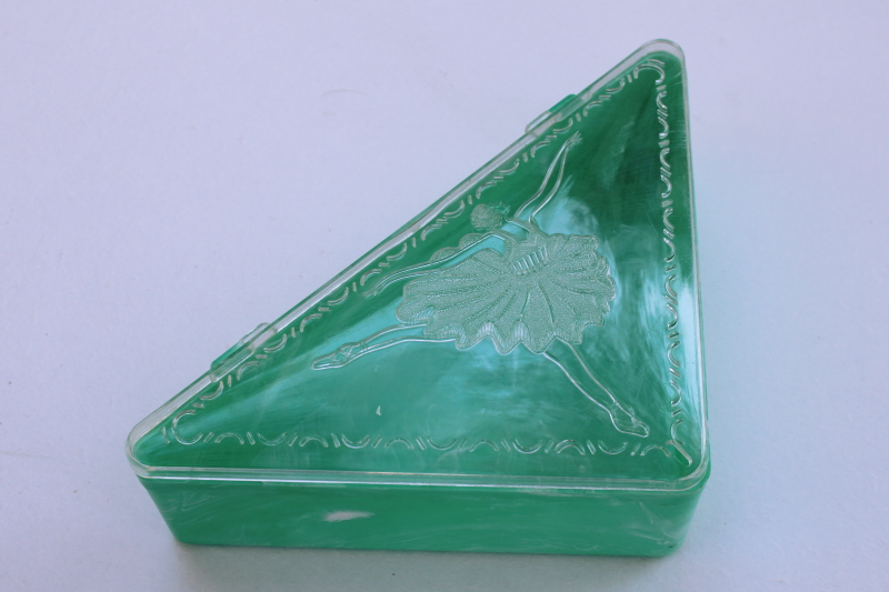 photo of mid-century vintage mint green plastic hanky box, Honner triangular handkerchief box #4