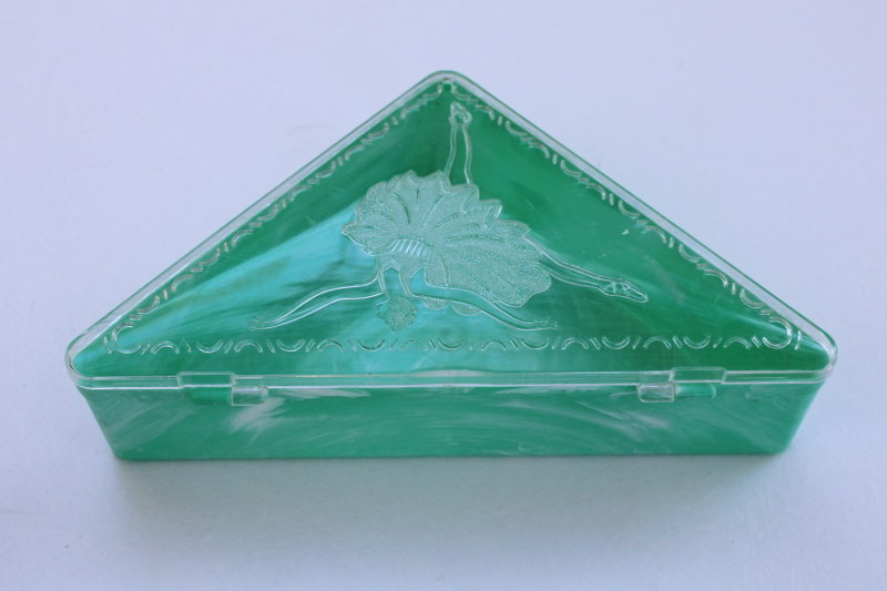 photo of mid-century vintage mint green plastic hanky box, Honner triangular handkerchief box #5