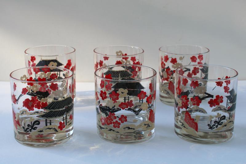 photo of mid century vintage on the rocks lowball glasses Japanese cherry blossoms pagodas #1