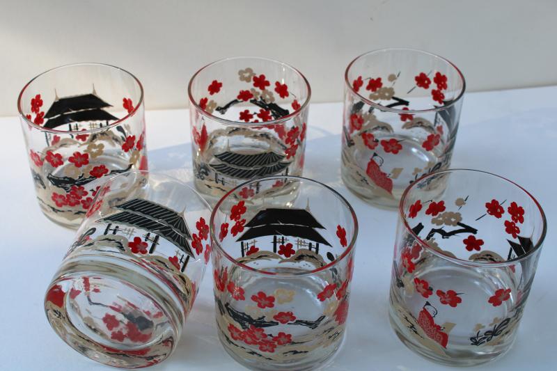 photo of mid century vintage on the rocks lowball glasses Japanese cherry blossoms pagodas #2