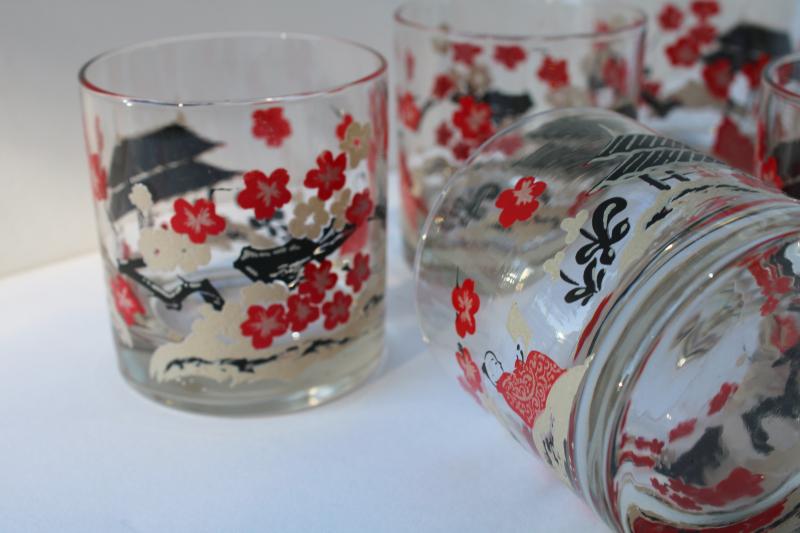 photo of mid century vintage on the rocks lowball glasses Japanese cherry blossoms pagodas #3