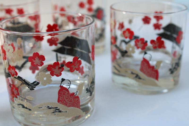 photo of mid century vintage on the rocks lowball glasses Japanese cherry blossoms pagodas #4