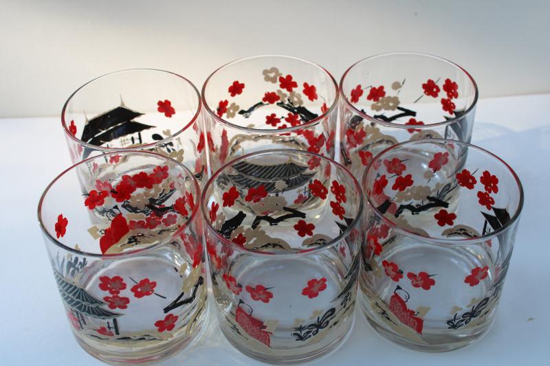 photo of mid century vintage on the rocks lowball glasses Japanese cherry blossoms pagodas #5