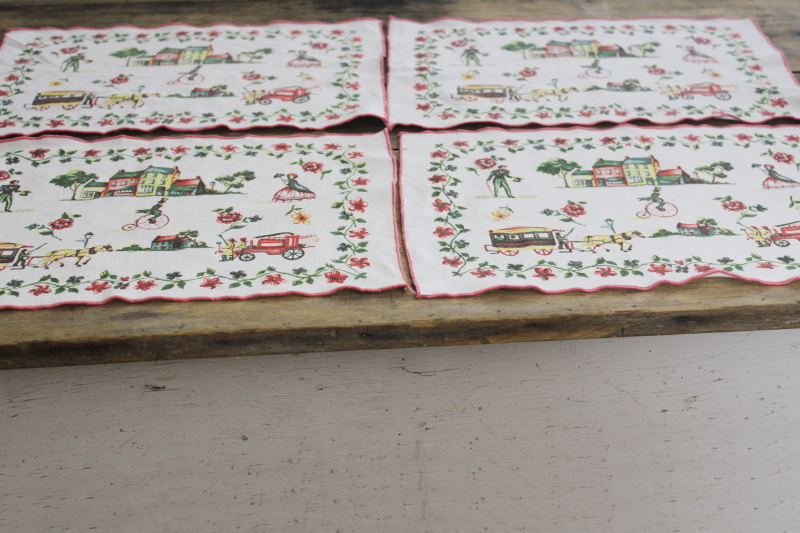 photo of mid-century vintage placemats, cute folk art good old days scene pink green aqua yellow #1