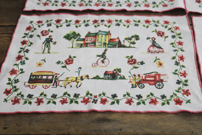 photo of mid-century vintage placemats, cute folk art good old days scene pink green aqua yellow #2