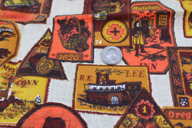 photo of mid-century vintage print cotton fabric historic America badges like old travel labels #4
