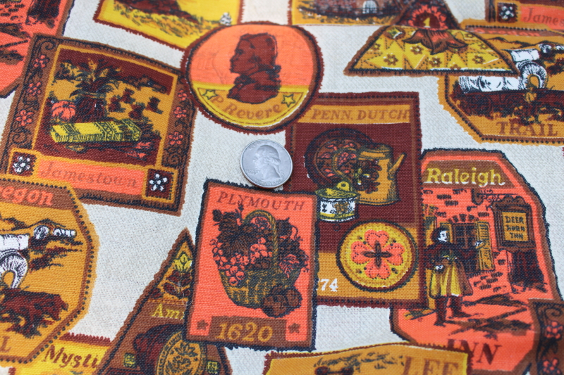 photo of mid-century vintage print cotton fabric historic America badges like old travel labels #5