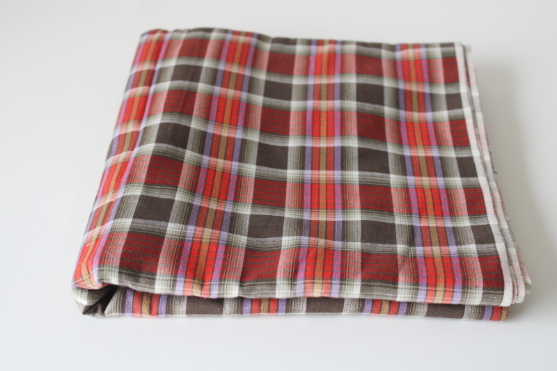 photo of mid century vintage schoolgirl plaid cotton shirting or dress fabric, brown white red lavender  #1
