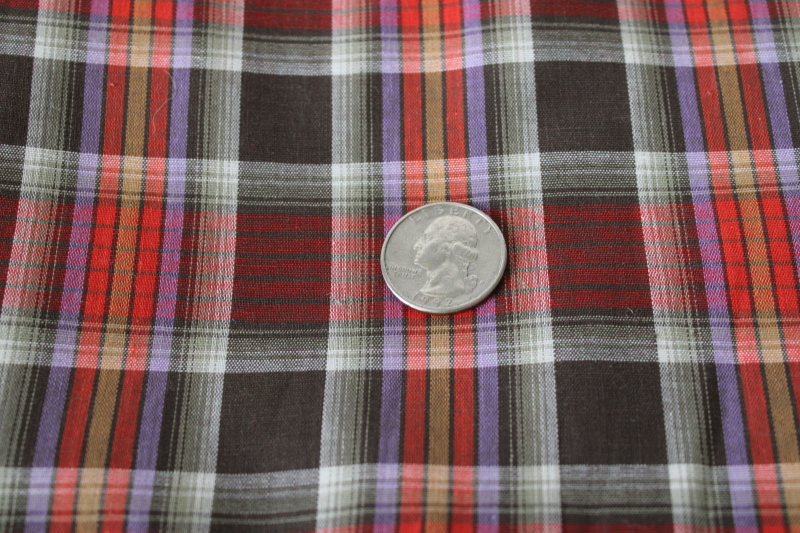 photo of mid century vintage schoolgirl plaid cotton shirting or dress fabric, brown white red lavender  #2