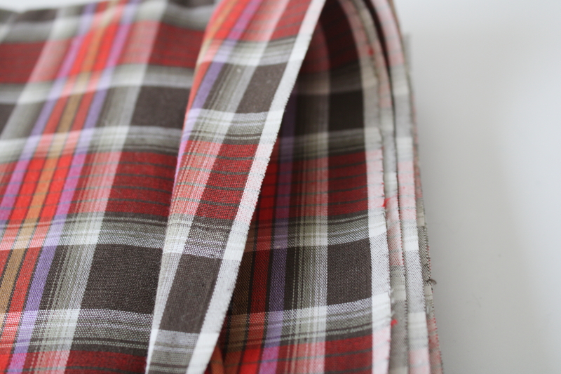 photo of mid century vintage schoolgirl plaid cotton shirting or dress fabric, brown white red lavender  #3