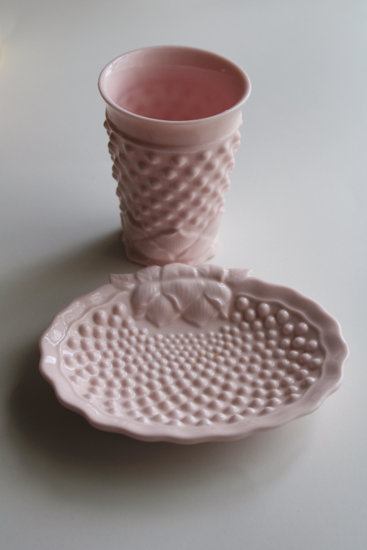 photo of mid century vintage shell pink hobnail porcelain soap dish & tumbler bathroom set  #1