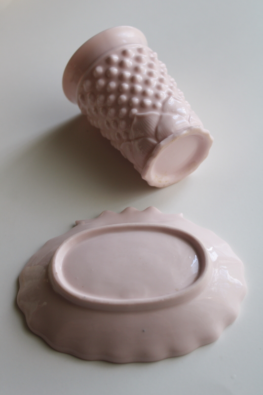 photo of mid century vintage shell pink hobnail porcelain soap dish & tumbler bathroom set  #2