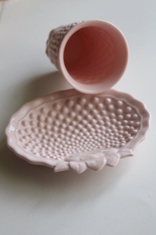 photo of mid century vintage shell pink hobnail porcelain soap dish & tumbler bathroom set  #3