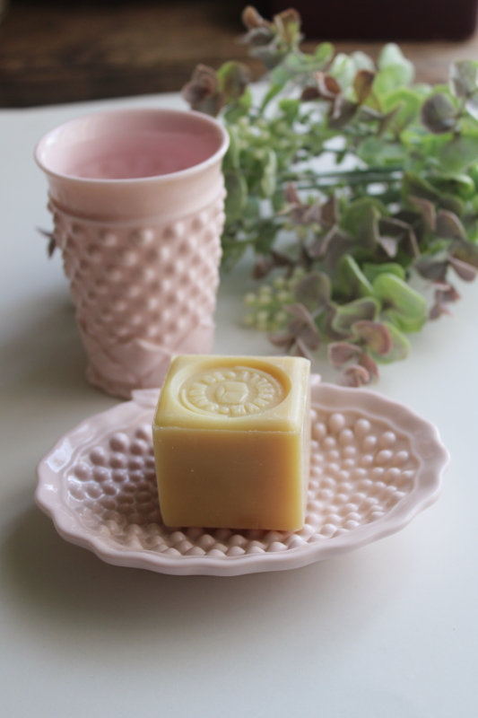 photo of mid century vintage shell pink hobnail porcelain soap dish & tumbler bathroom set  #4