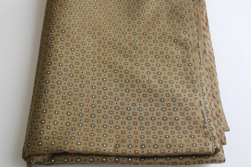 photo of mid century vintage silky smooth cotton shirting fabric mod foulard on olive green  #1