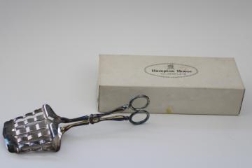 catalog photo of mid century vintage silver plated sandwich tongs, fancy server for tea sandwiches, new in box