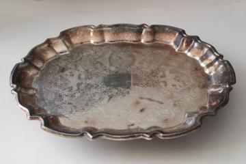 catalog photo of mid century vintage silverplate tray, silver footed tray for hall table, bar bottles, table centerpiece 