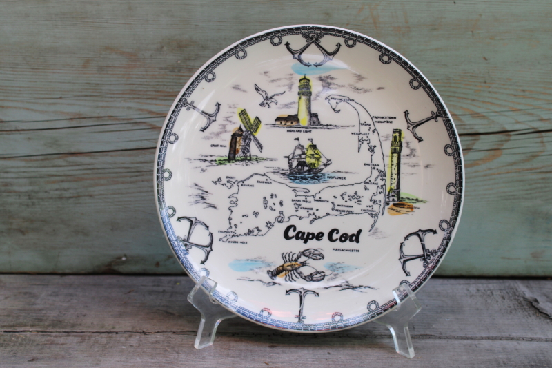 photo of mid century vintage souvenir of Cape Cod, ceramic plate Massachusetts map w/ landmarks  #1