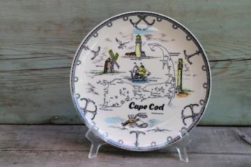 catalog photo of mid century vintage souvenir of Cape Cod, ceramic plate Massachusetts map w/ landmarks 