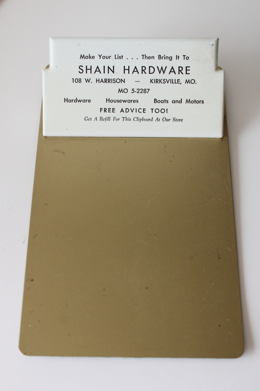 photo of mid century vintage steel clipboard store advertising Shain Hardware Kirksville Missouri  #1