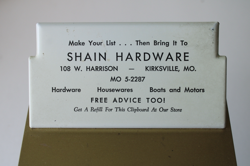 photo of mid century vintage steel clipboard store advertising Shain Hardware Kirksville Missouri  #6