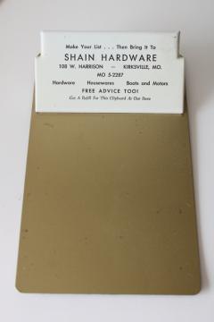 catalog photo of mid century vintage steel clipboard store advertising Shain Hardware Kirksville Missouri 
