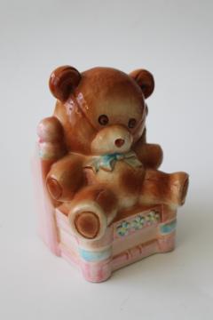 catalog photo of mid-century vintage teddy bear ceramic planter pot for new baby, Nancy Pew Japan 