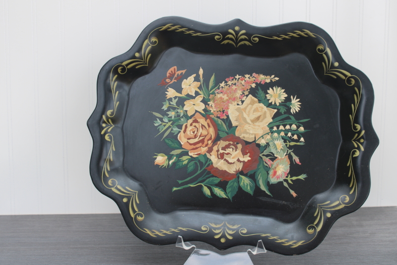 photo of mid century vintage tole craft hand painted metal tray, paint by numbers floral on black #1