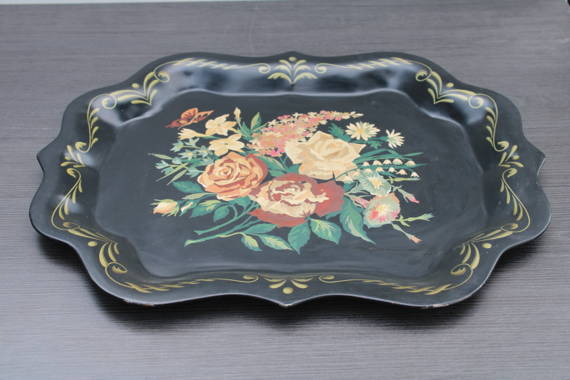 photo of mid century vintage tole craft hand painted metal tray, paint by numbers floral on black #4