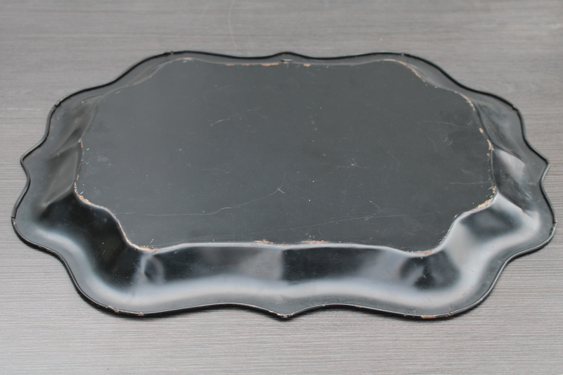 photo of mid century vintage tole craft hand painted metal tray, paint by numbers floral on black #5