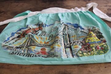 catalog photo of mid-century vintage travel souvenir print apron, Michigan Mackinac bridge