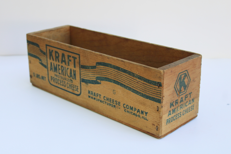 photo of mid century vintage wood box Kraft American Cheese 5 pound block green printed wooden crate  #2