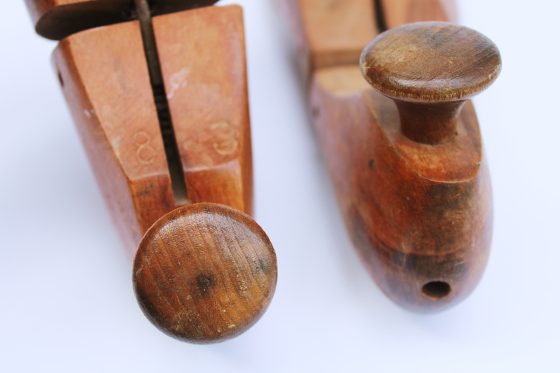 photo of mid century vintage wood shoe stretchers, pair of wooden feet foot shape shoe trees #2
