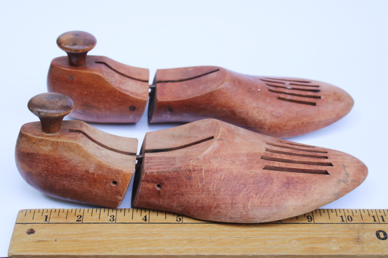 photo of mid century vintage wood shoe stretchers, pair of wooden feet foot shape shoe trees #3