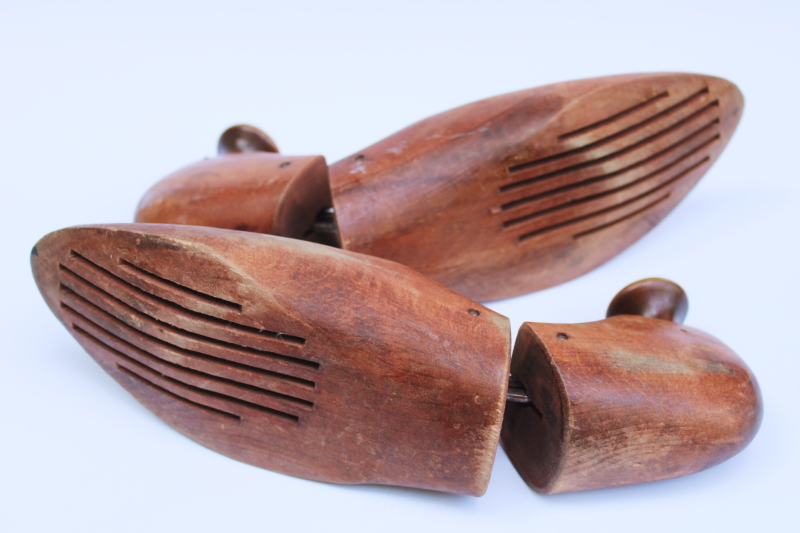 photo of mid century vintage wood shoe stretchers, pair of wooden feet foot shape shoe trees #5