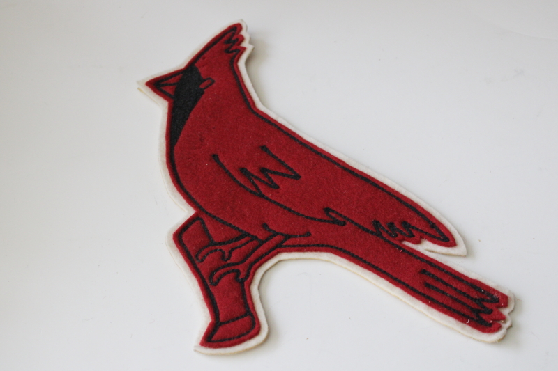 photo of mid century vintage wool felt red cardinal bird emblem, jacket badge patch school team sports mascot  #1