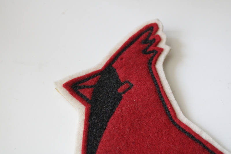 photo of mid century vintage wool felt red cardinal bird emblem, jacket badge patch school team sports mascot  #2