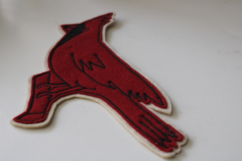 photo of mid century vintage wool felt red cardinal bird emblem, jacket badge patch school team sports mascot  #3