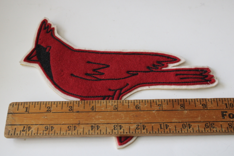 photo of mid century vintage wool felt red cardinal bird emblem, jacket badge patch school team sports mascot  #5