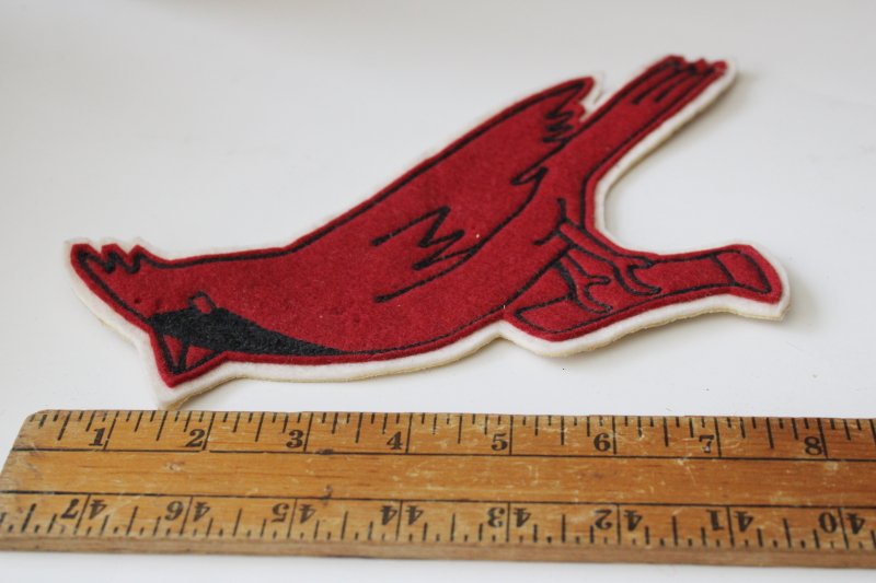 photo of mid century vintage wool felt red cardinal bird emblem, jacket badge patch school team sports mascot  #6