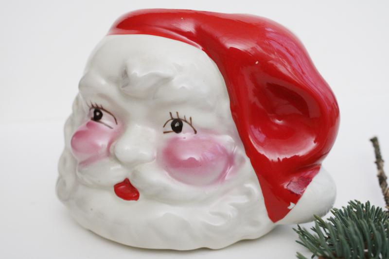 photo of mid-century Santa head planter pot or vase, 1950s vintage Santa face holiday decor #2