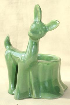 catalog photo of mid-century mod Haeger pottery planter, vintage plant pot w/ little deer, jade green glaze