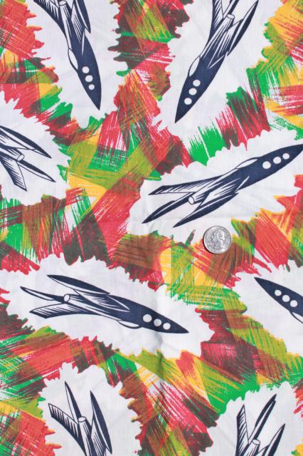 photo of mid-century mod print cotton fabric, space age atomic rocket jet spaceships #1