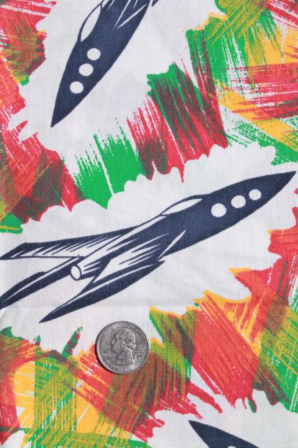 photo of mid-century mod print cotton fabric, space age atomic rocket jet spaceships #2