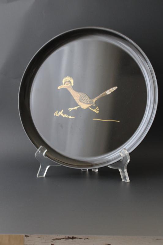 photo of mid-century mod vintage Couroc roadrunner bird round tray or serving plate #1