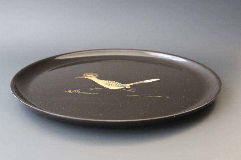 photo of mid-century mod vintage Couroc roadrunner bird round tray or serving plate #3